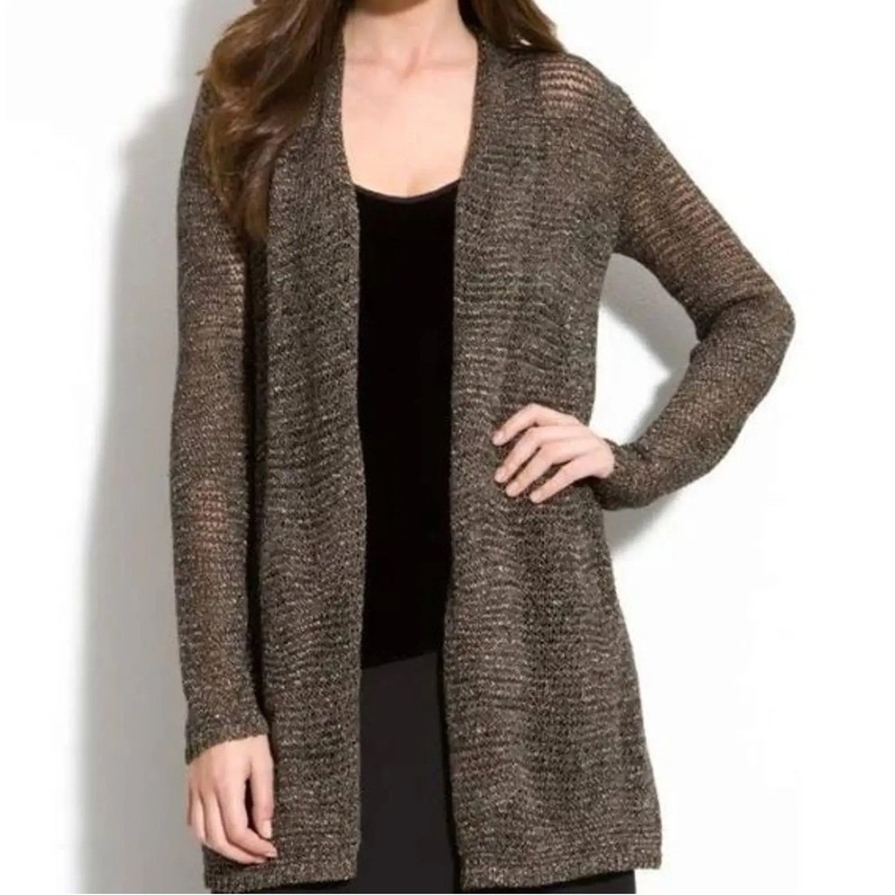 Eileen Fisher Metallic Open Front Cardigan Italian Yarn Bronze Black Large L
